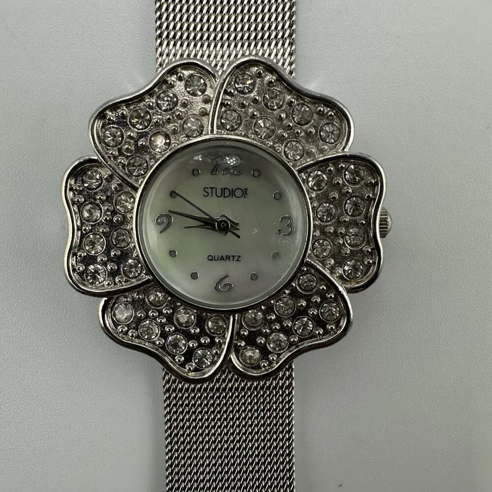 3/$30 Studio Time Watch Women Silver Tone Rhinestone Flower Case New Battery